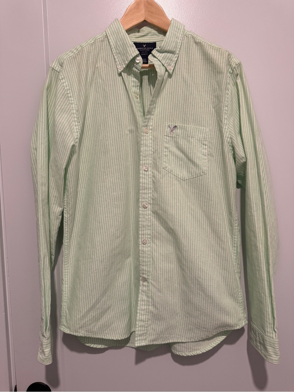 American Eagle Men's Slim Fit Green & White Striped Button Down Shirt - Size M